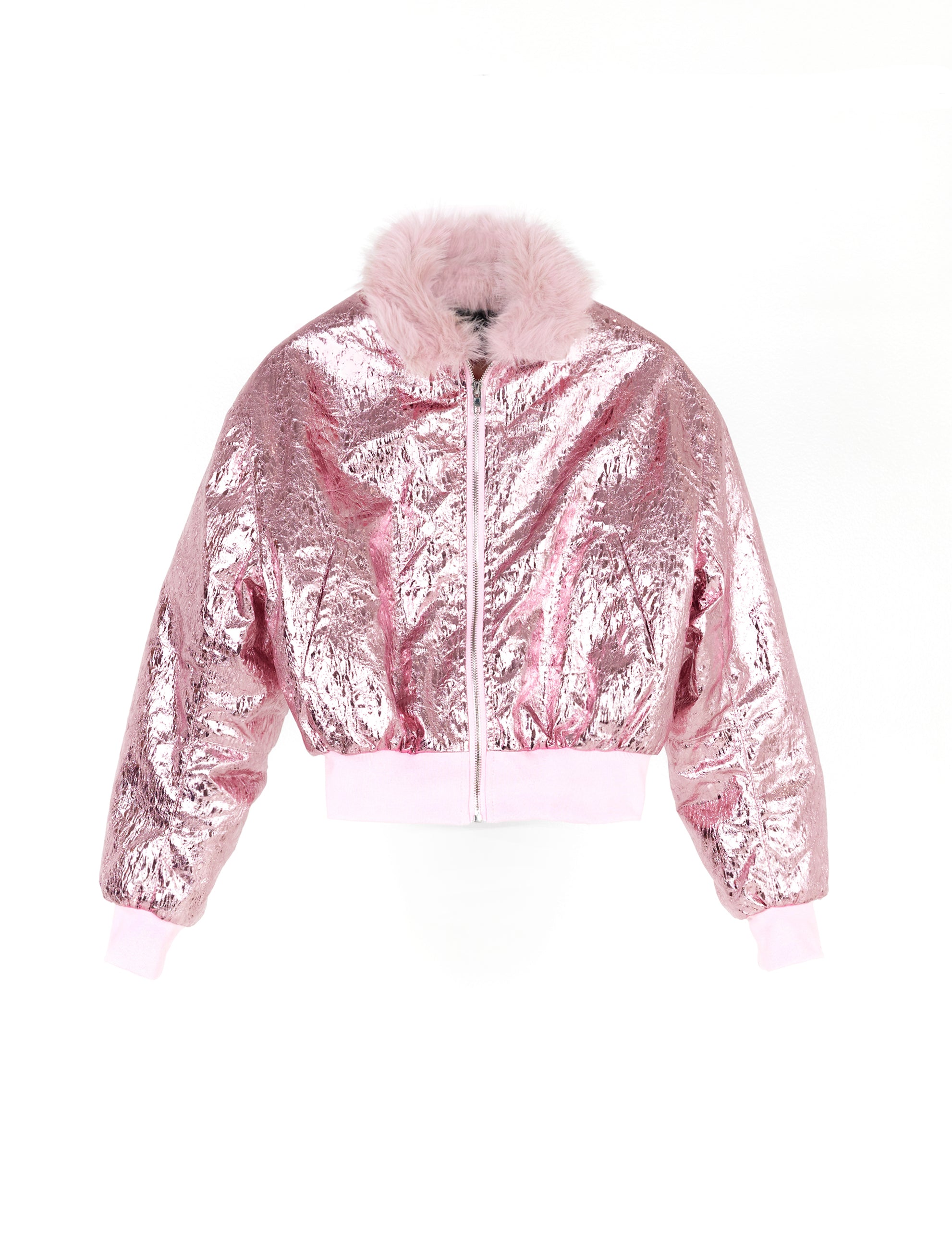 Pink Faux Fur Metallic Bomber Jacket – CHANCE