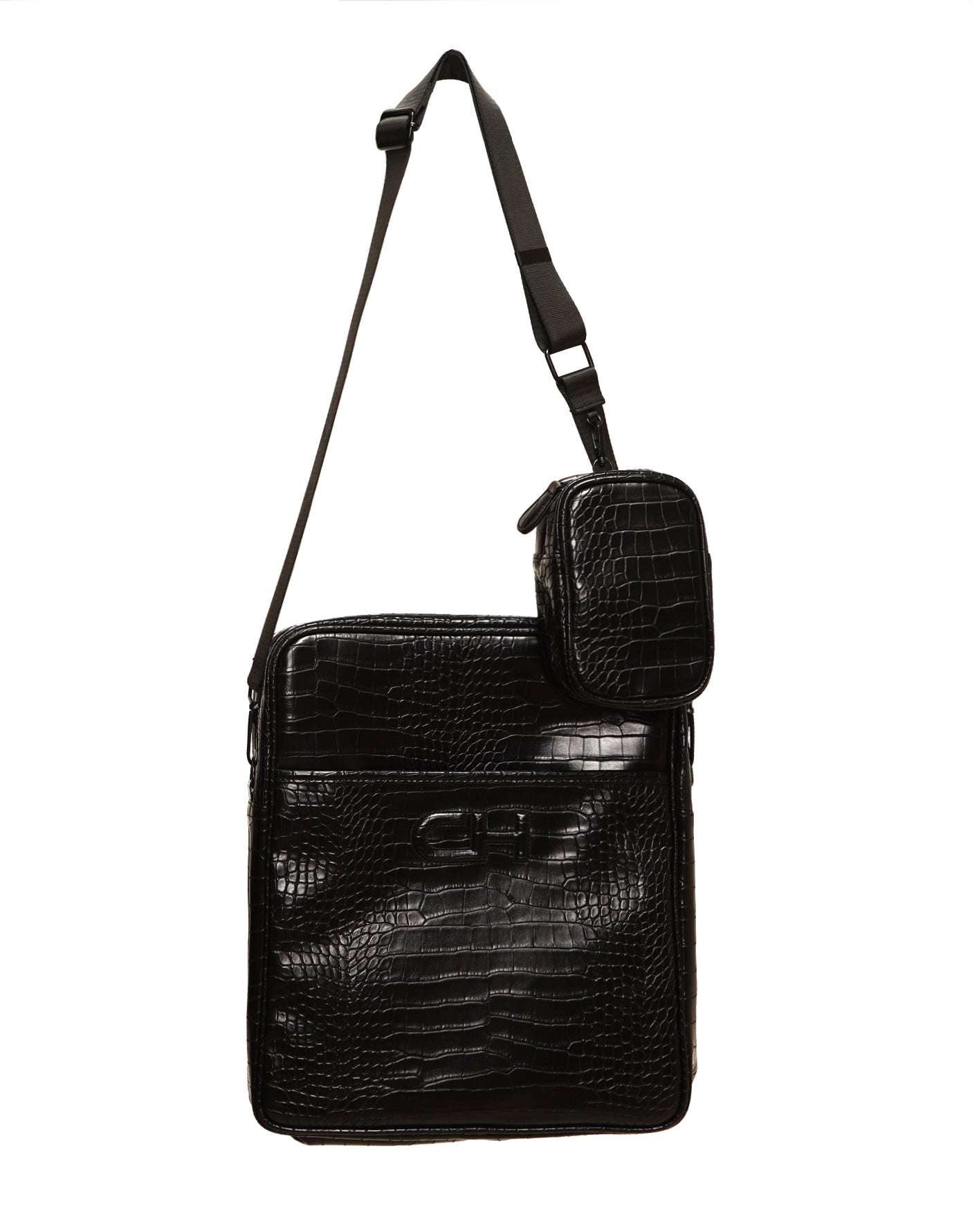 Black Croc Embossement Leather Satchel Bag