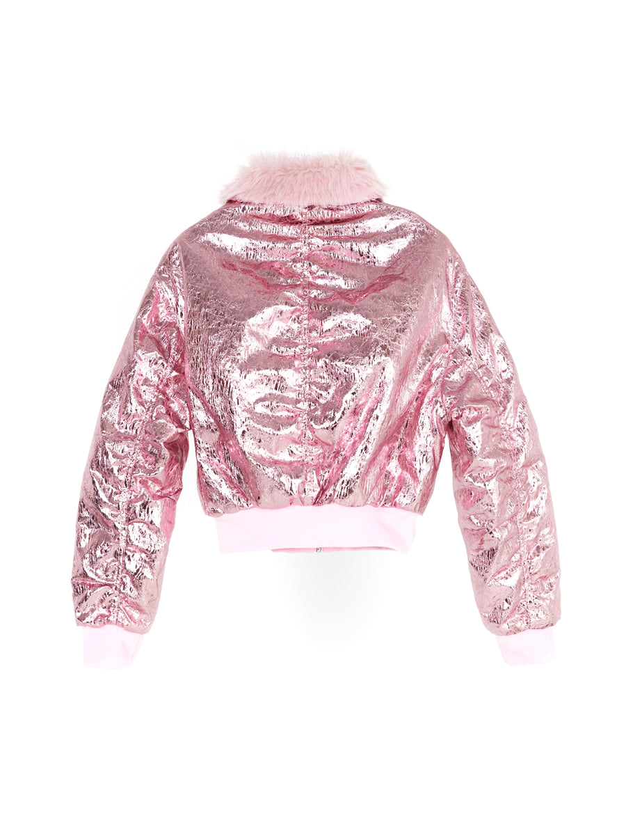 Pink Faux Fur Metallic Bomber Jacket