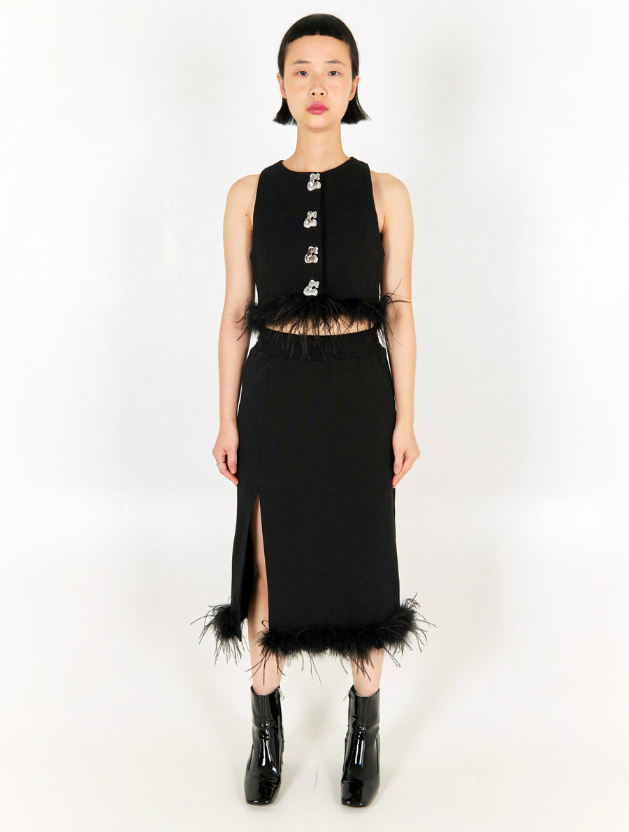 Black Feather Slit Cotton Skirt
