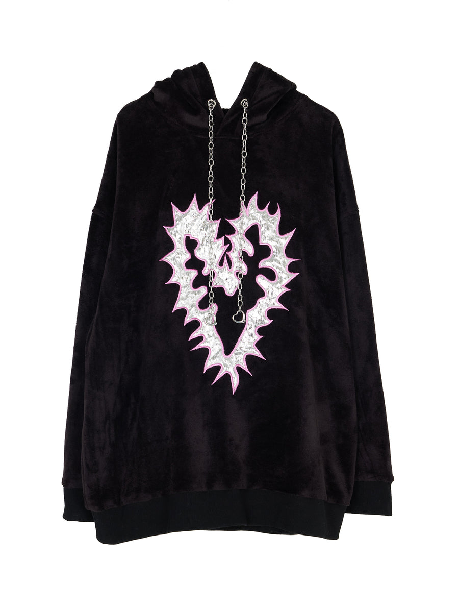 Black Oversized Spiky Heart Metallic Logo Hoodie