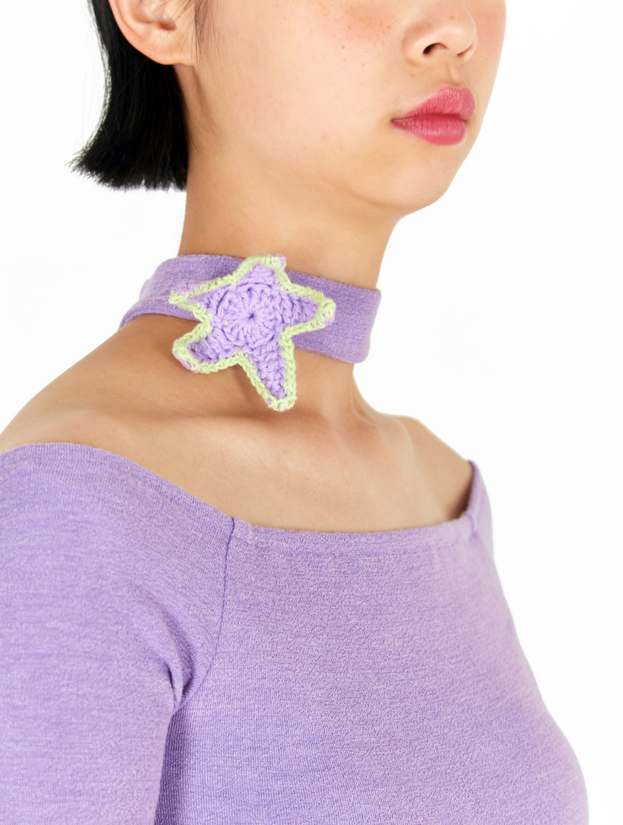 Purple Off Shoulder Towelling Top with Crochet Star