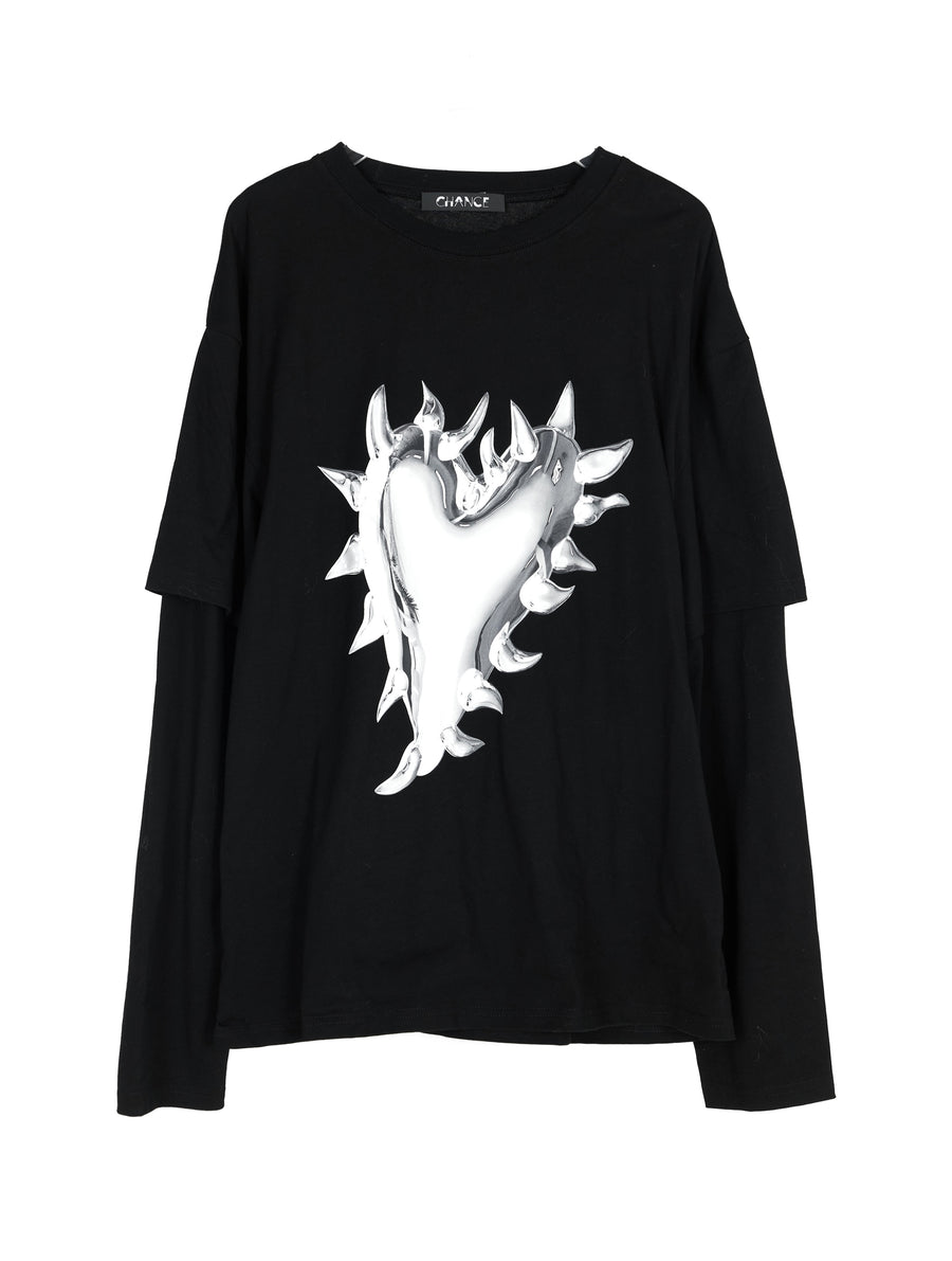 Black Oversized Spiky Heart Double Sleeve T-shirt