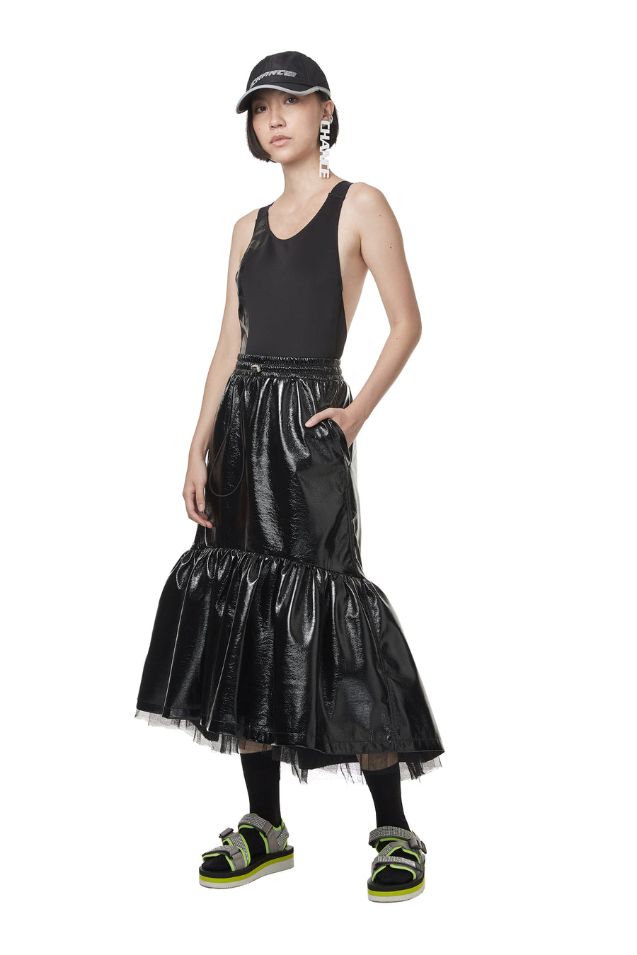Black Faux Patent Leather Tulle Skirt