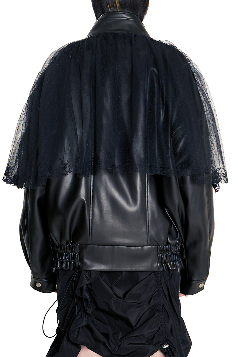 Black Lace Frilled Vegan Leather Jacket