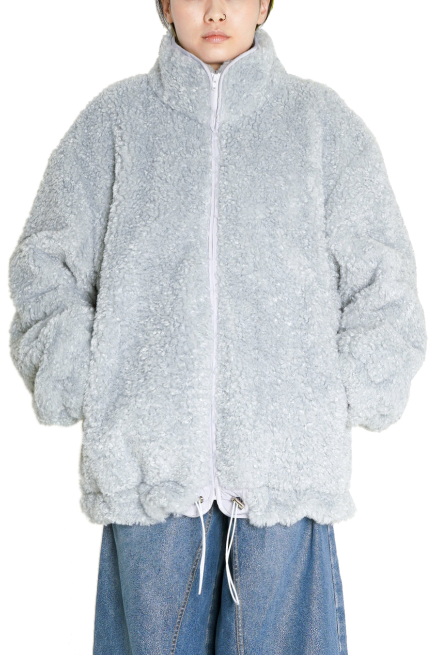 Ash Blue Oversized Faux-Shearling Zip Up Jacket